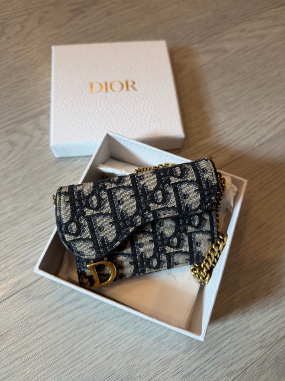 Dior Mini Saddle Bag in Navy and Cream Monogram with Gold Chain